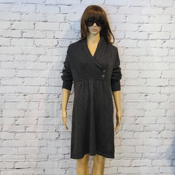 EVAN PICONE, Charcoal gray wrap-over neckline knee length knit sweater dress - Picture 3 of 9